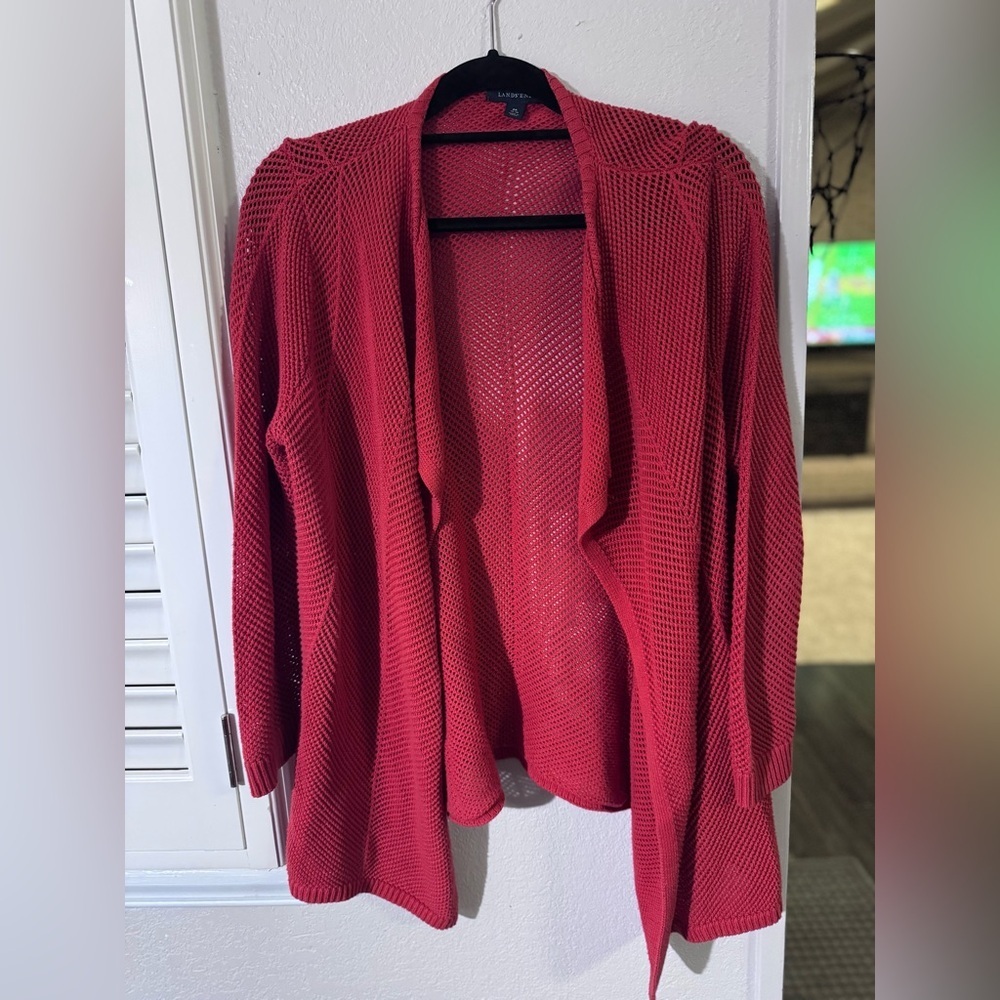 Lands' End Red Open Front Cardigan Sweater